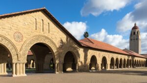 Stanford University's Main Quad arcades with Hoover Tower on the right