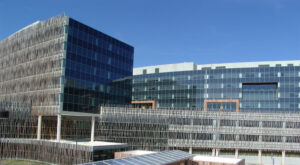 The glass and steel headquarters building of the U.S. Census Bureau in Suitland, Maryland