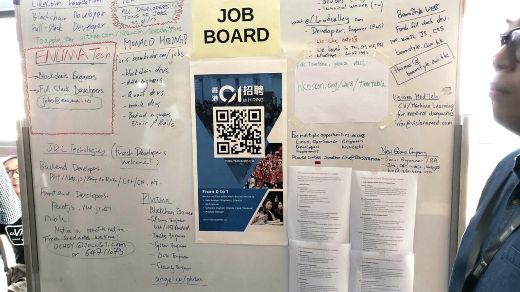 Economists See Only a Small Pickup in Job Postings This Year, With Wide Disagreement A whiteboard labeled Job Board covered with handwritten job listings and a printed recruitment poster